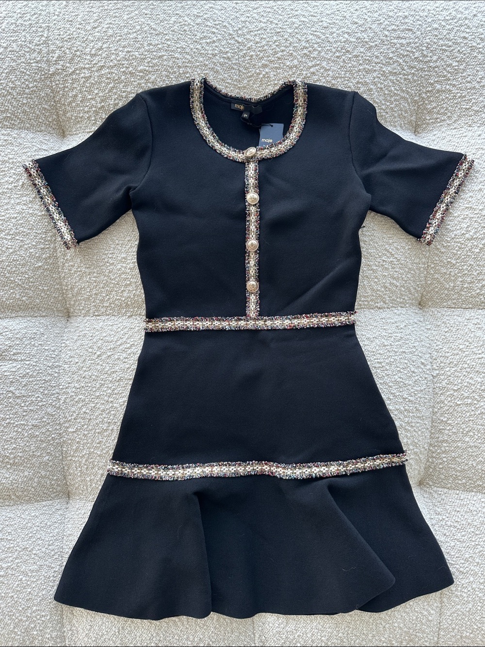 NWT Maje Rongalon Tweed Trim Mini Dress Size 34 (US 2/XS) Gold Buttons